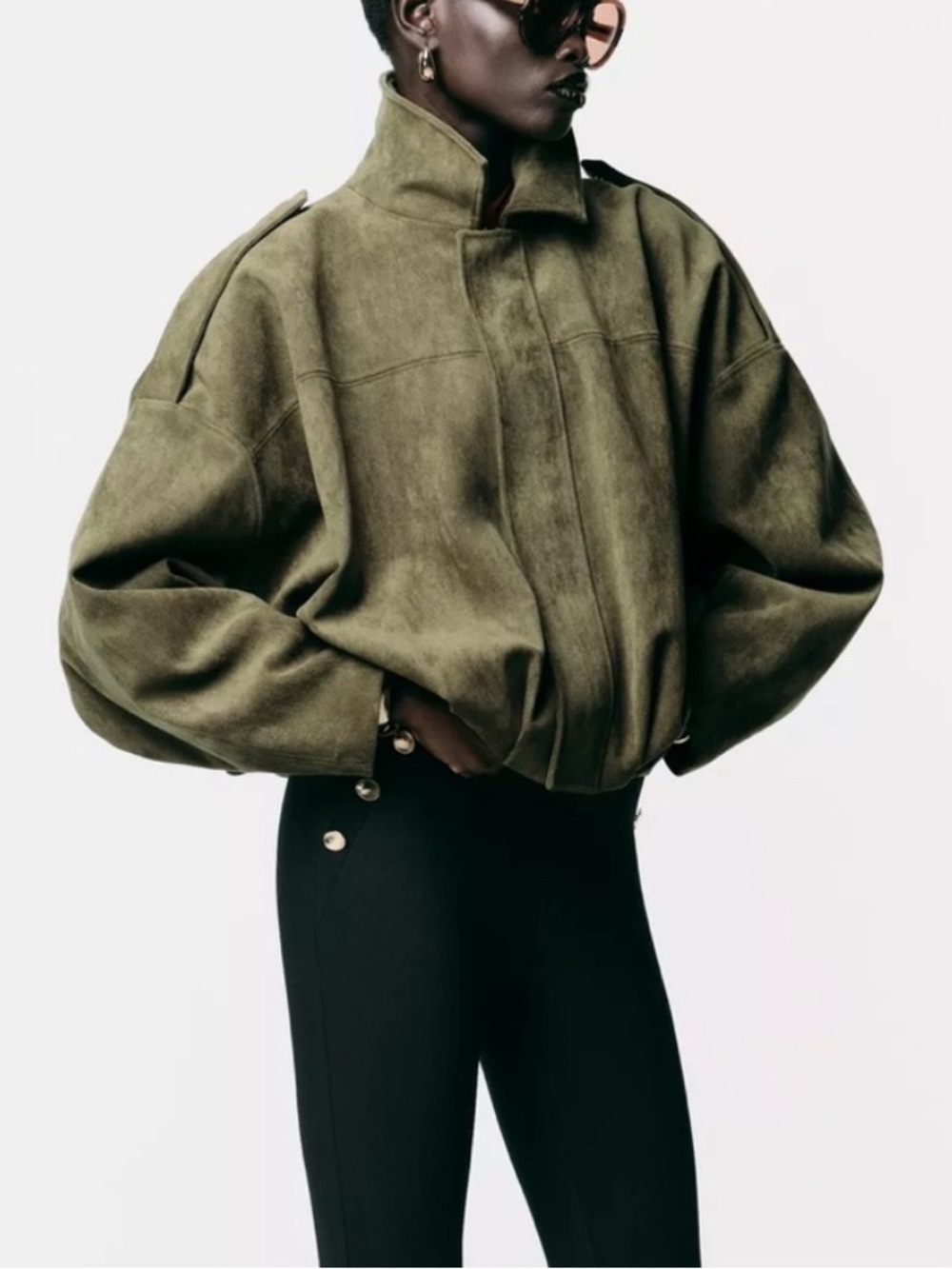 Zara Olive Green faux Suede bomber Jacket